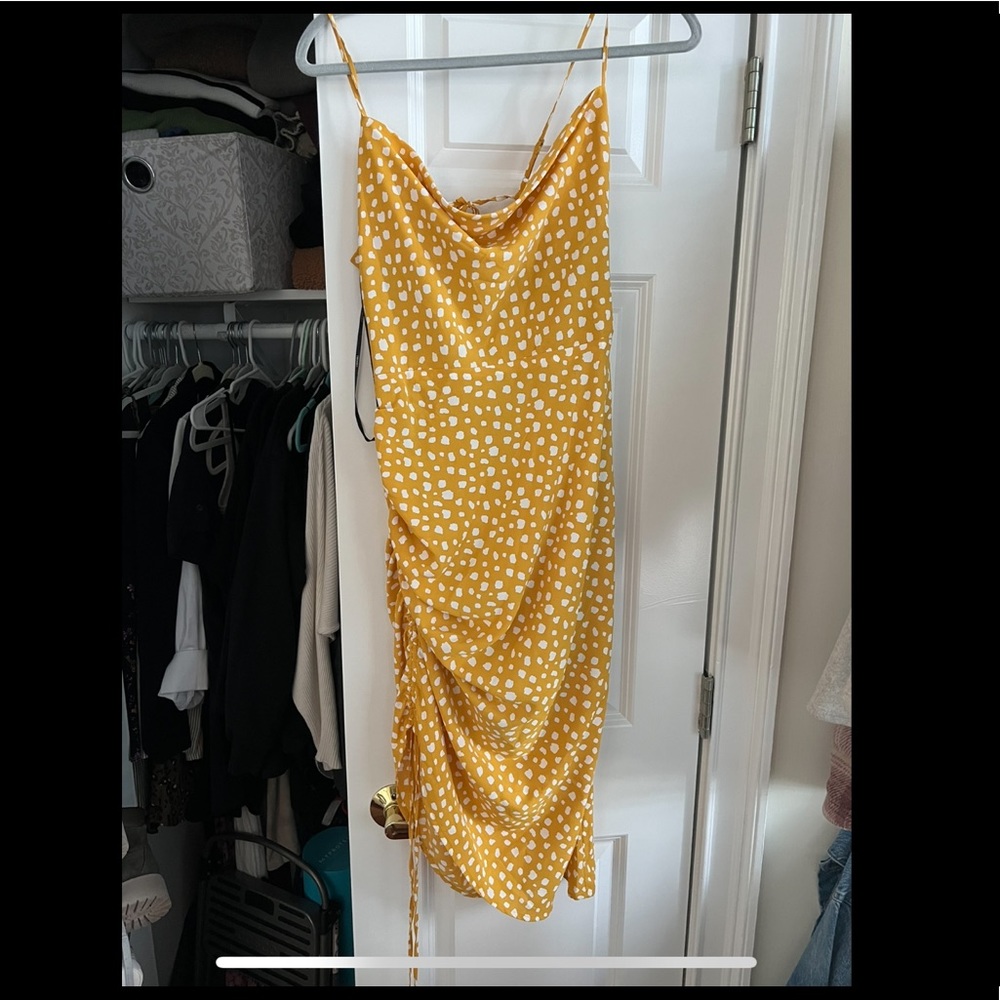 Forever 21 yellow polka dot dress with adjustable side ruching